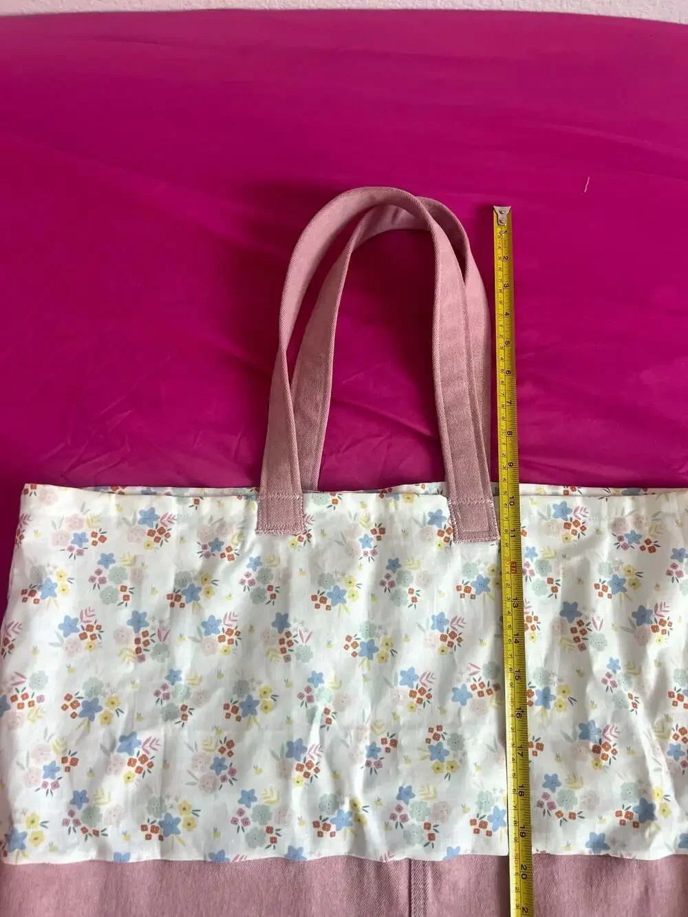 Handmade Cottagecore Pink Canvas and Floral Print Tote Bag